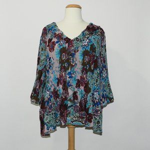 Roaman's 30W Pleated Bell Sleeves Floral Blouse